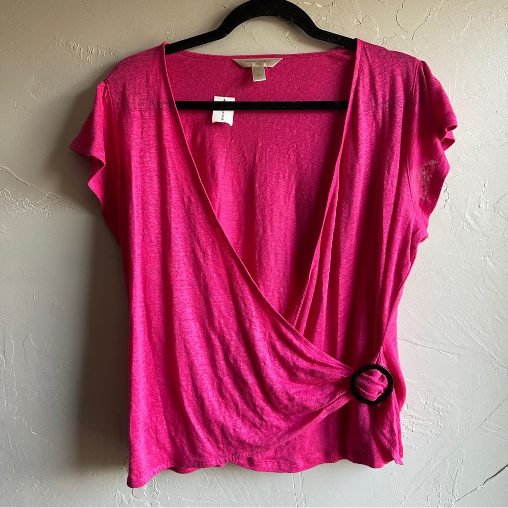 Banana Republic Linen Wrap Top Pink Cap Sleeve Coastal‎ Grandma Preppy Summer L